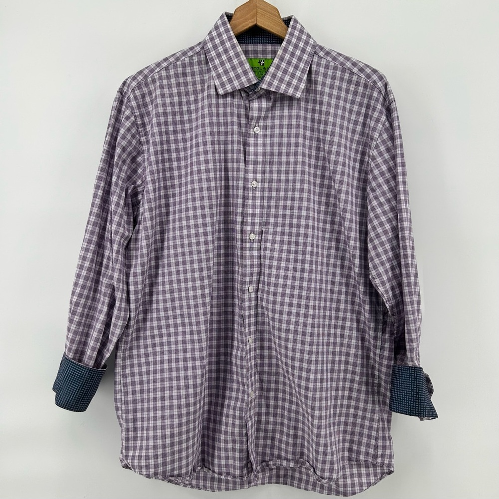Bristol & Bull Men’s L Purple Graph‎ Check Long Sleeve Button Up Shirt Flip Cuff